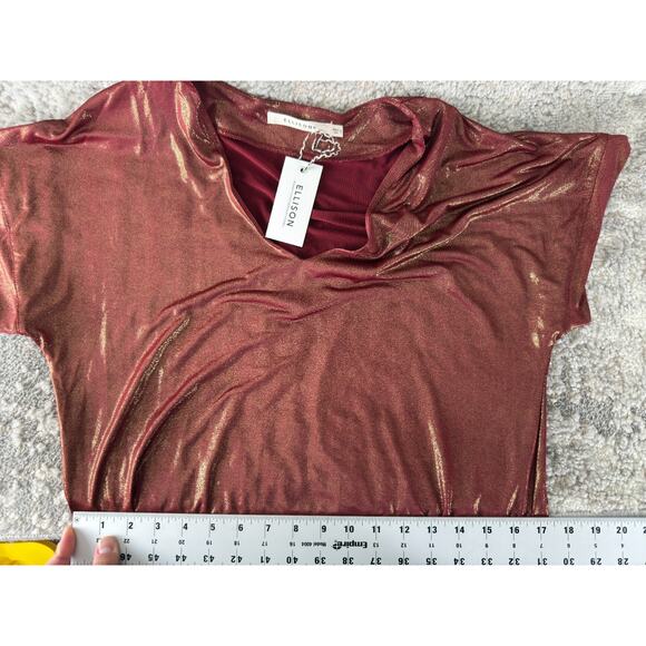 NEW Ellison Size S Shimmer Stretch V Neck Mini Tunic Dress Maroon Short Sleeve - Picture 6 of 9